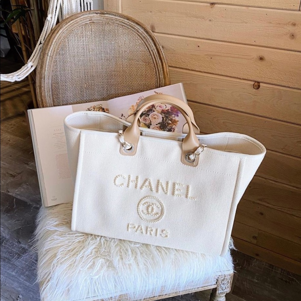 Chanel Deauville New Pearl Ecru Large Ecru Cream Beige Canvas Tote